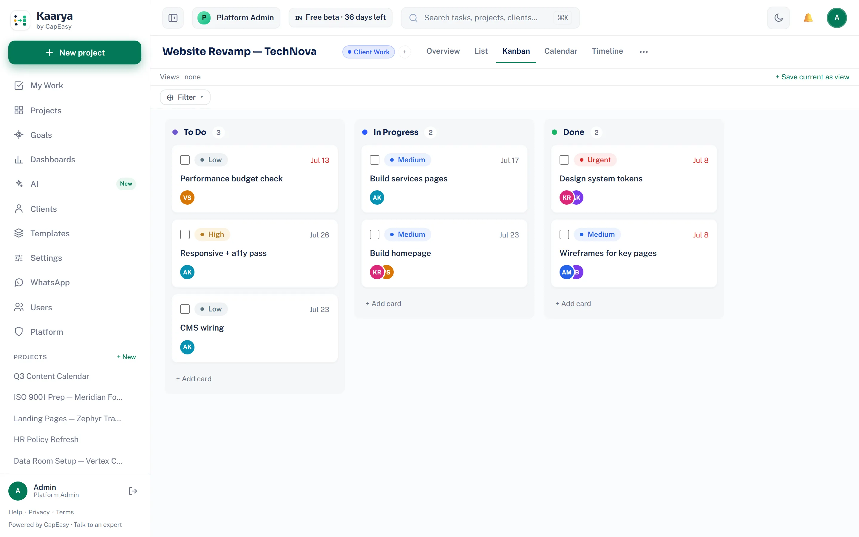 Kaarya kanban board for a client project