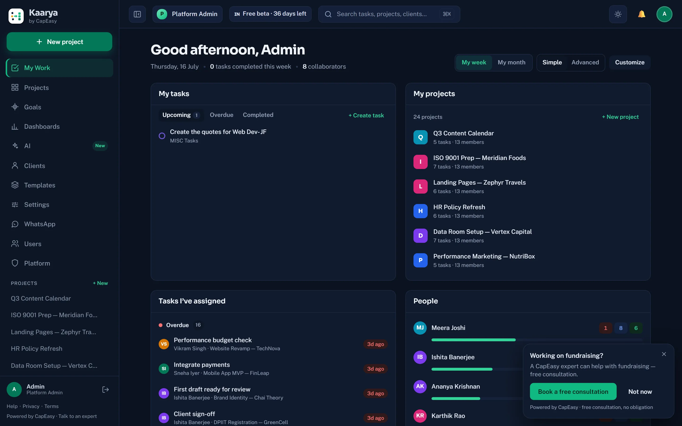 Kaarya My Work view in dark mode
