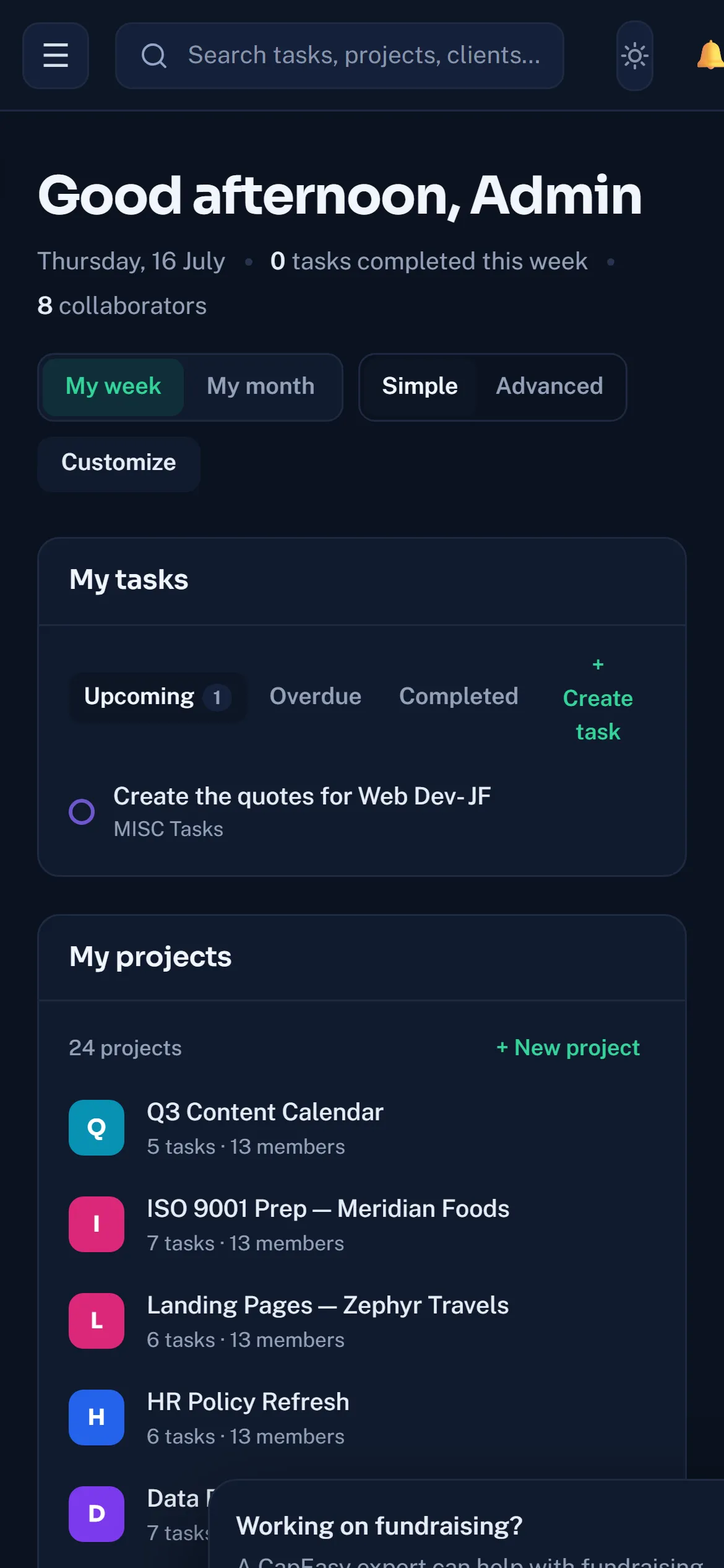 Kaarya My Work on a phone, dark mode